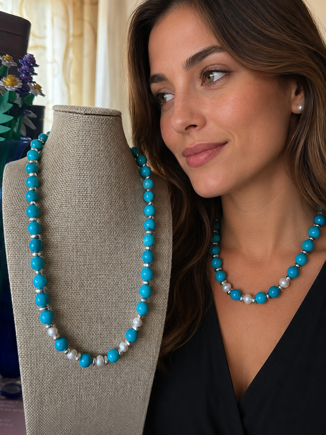 Collana Artigianale Handmade | Amazzonite, Ematite Silver e Perle Naturali di Fiume | Made in Italy