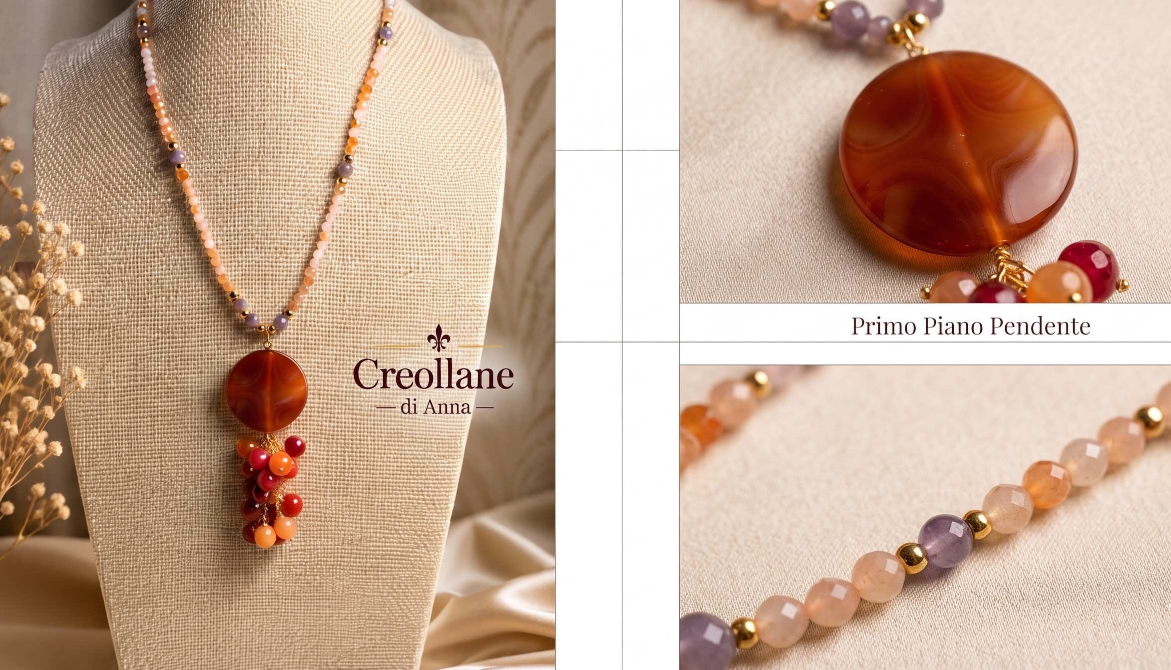 Collana Artigianale Handmade | Cristalli e Ciondolo Corniola | Made in Italy