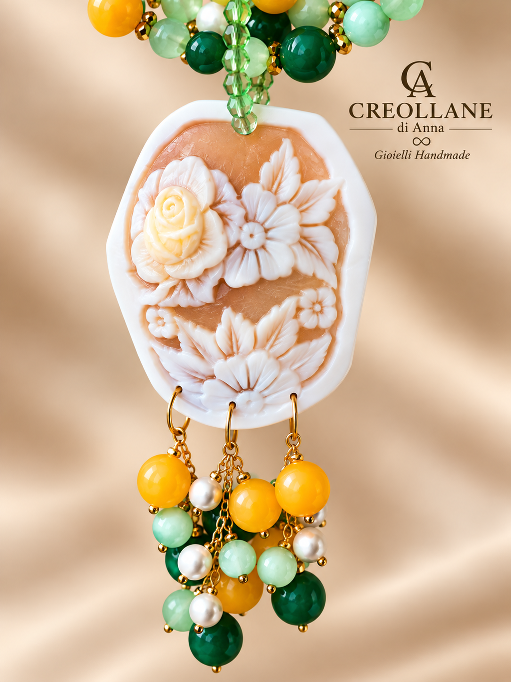 Collana Multifilo Occhio di Gatto Verde, Agata e Cameo Floreale | Made in Italy