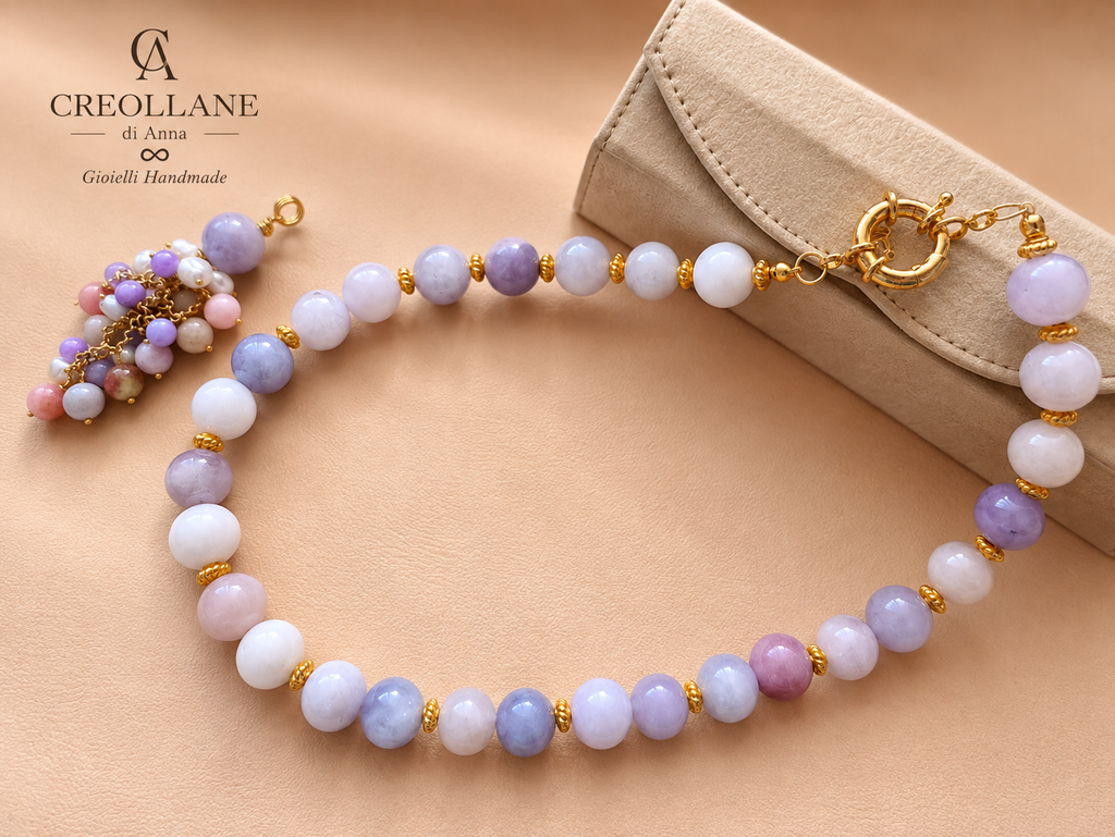 Collana Girocollo Kunzite Rosa e Lilla con Ciondolo in Giada | Made in Italy