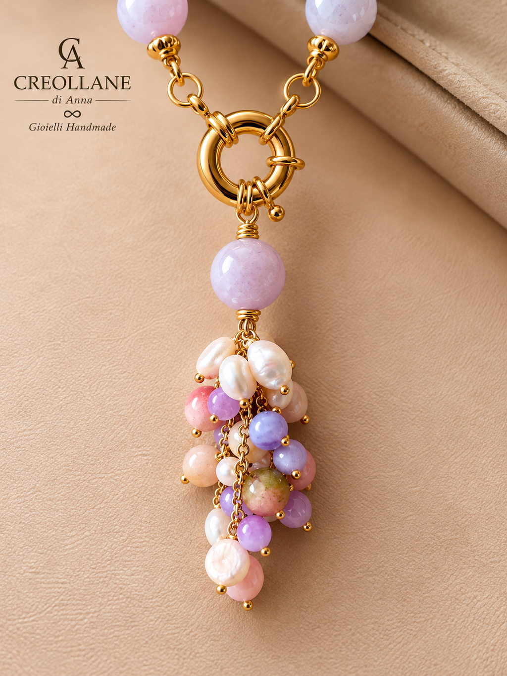 Collana Girocollo Kunzite Rosa e Lilla con Ciondolo in Giada | Made in Italy