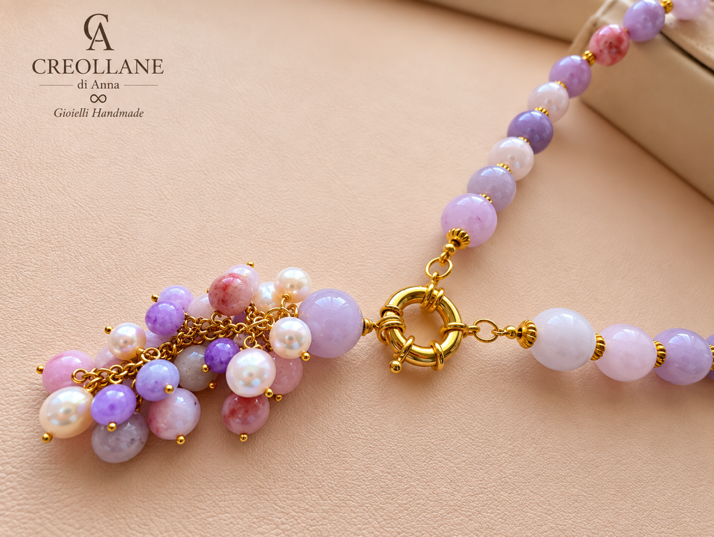 Collana Girocollo Kunzite Rosa e Lilla con Ciondolo in Giada | Made in Italy