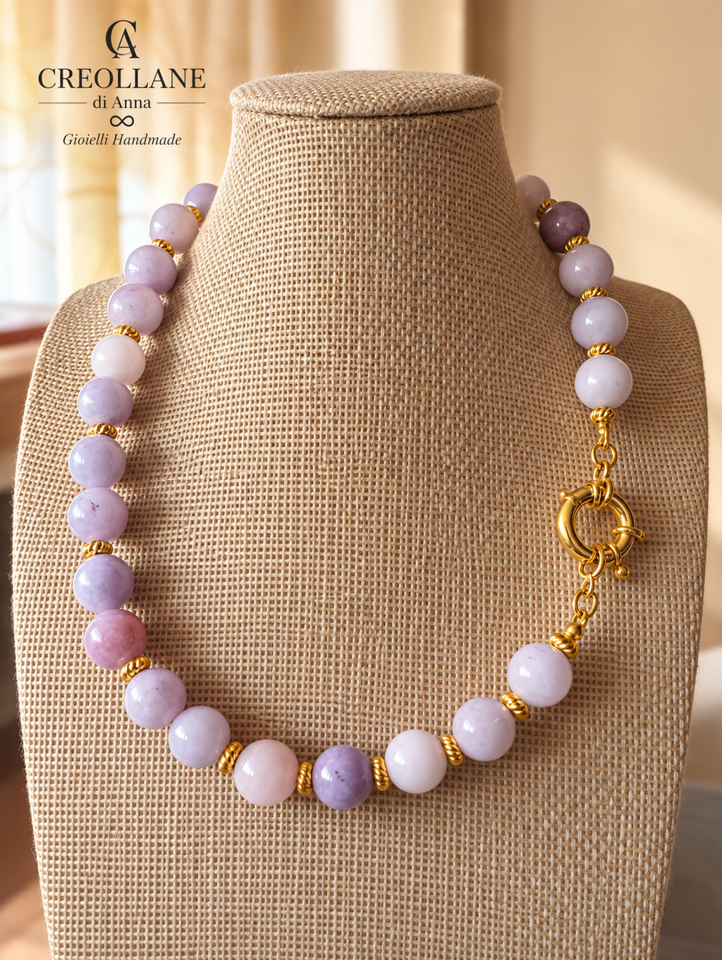 Collana Girocollo Kunzite Rosa e Lilla con Ciondolo in Giada | Made in Italy