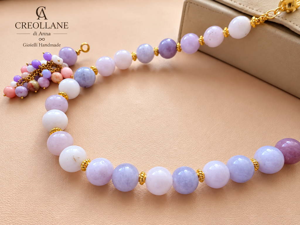Collana Girocollo Kunzite Rosa e Lilla con Ciondolo in Giada | Made in Italy