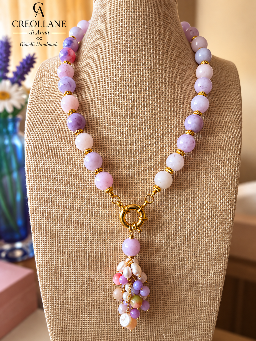 Collana Girocollo Kunzite Rosa e Lilla con Ciondolo in Giada | Made in Italy
