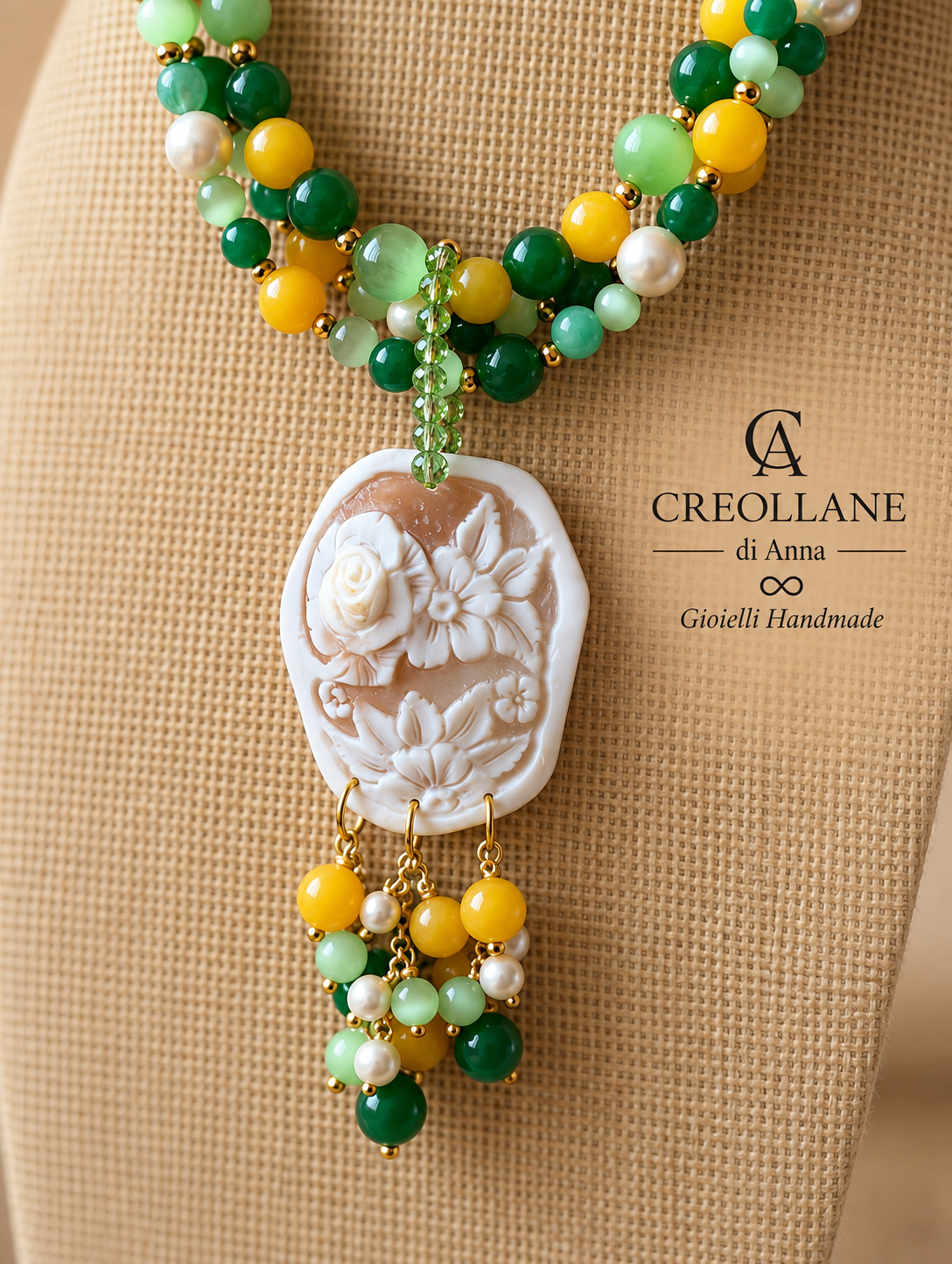 Collana Multifilo Occhio di Gatto Verde, Agata e Cameo Floreale | Made in Italy