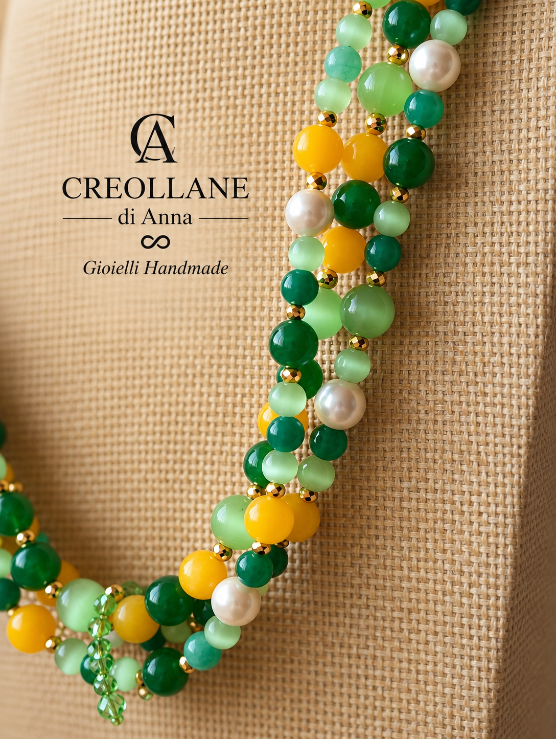 Collana Multifilo Occhio di Gatto Verde, Agata e Cameo Floreale | Made in Italy