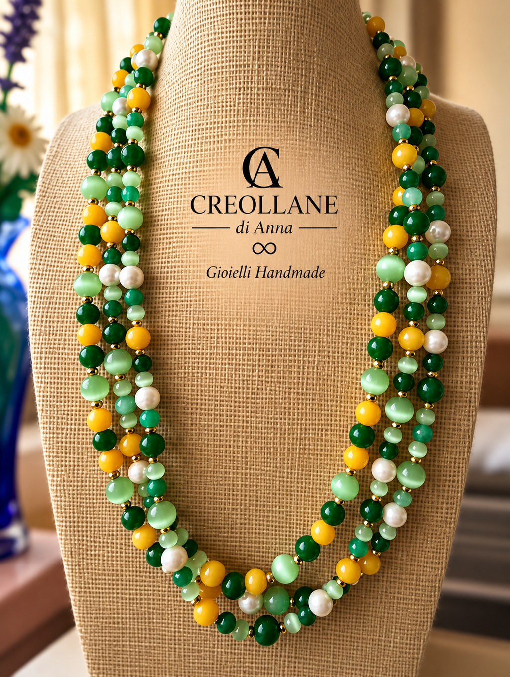 Collana Multifilo Occhio di Gatto Verde, Agata e Cameo Floreale | Made in Italy