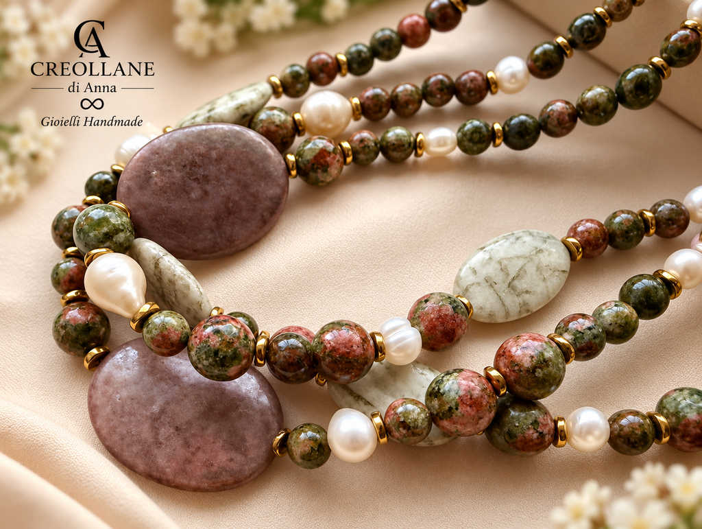 Collana Multifilo Unakite, Perle di Fiume, Zebradorite e Lepidolite | Made in Italy