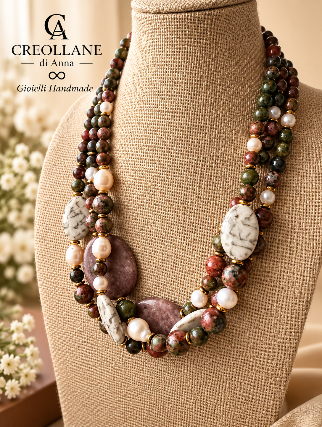 Collana Multifilo Unakite, Perle di Fiume, Zebradorite e Lepidolite | Made in Italy