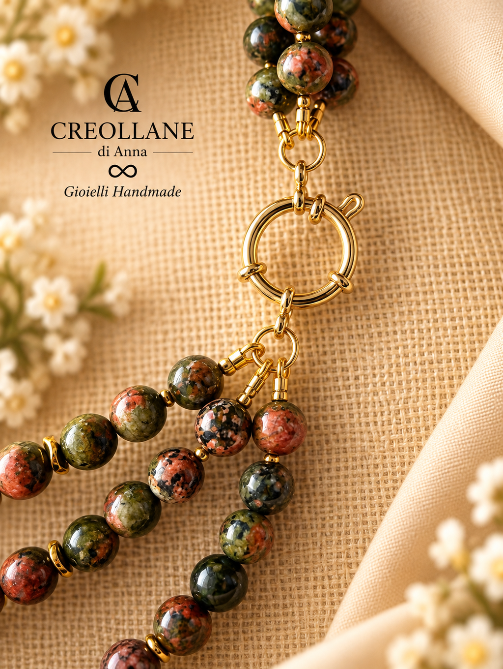 Collana Multifilo Unakite, Perle di Fiume, Zebradorite e Lepidolite | Made in Italy