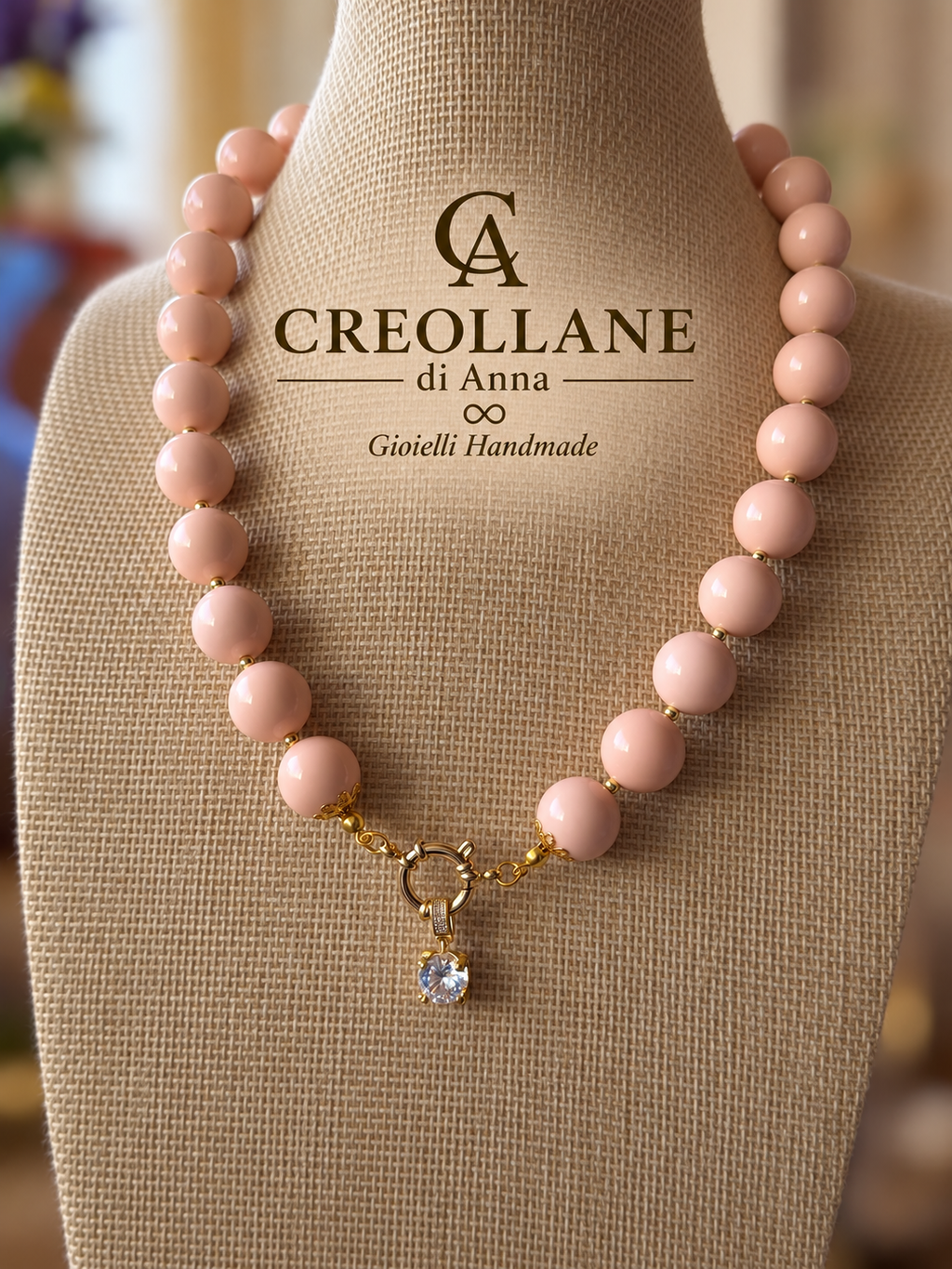 Collana Girocollo Pasta di Corallo Rosa con Pendente Pavé | Made in Italy