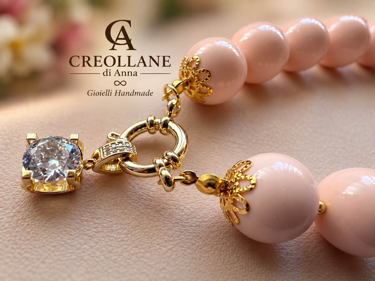 Collana Girocollo Pasta di Corallo Rosa con Pendente Pavé | Made in Italy