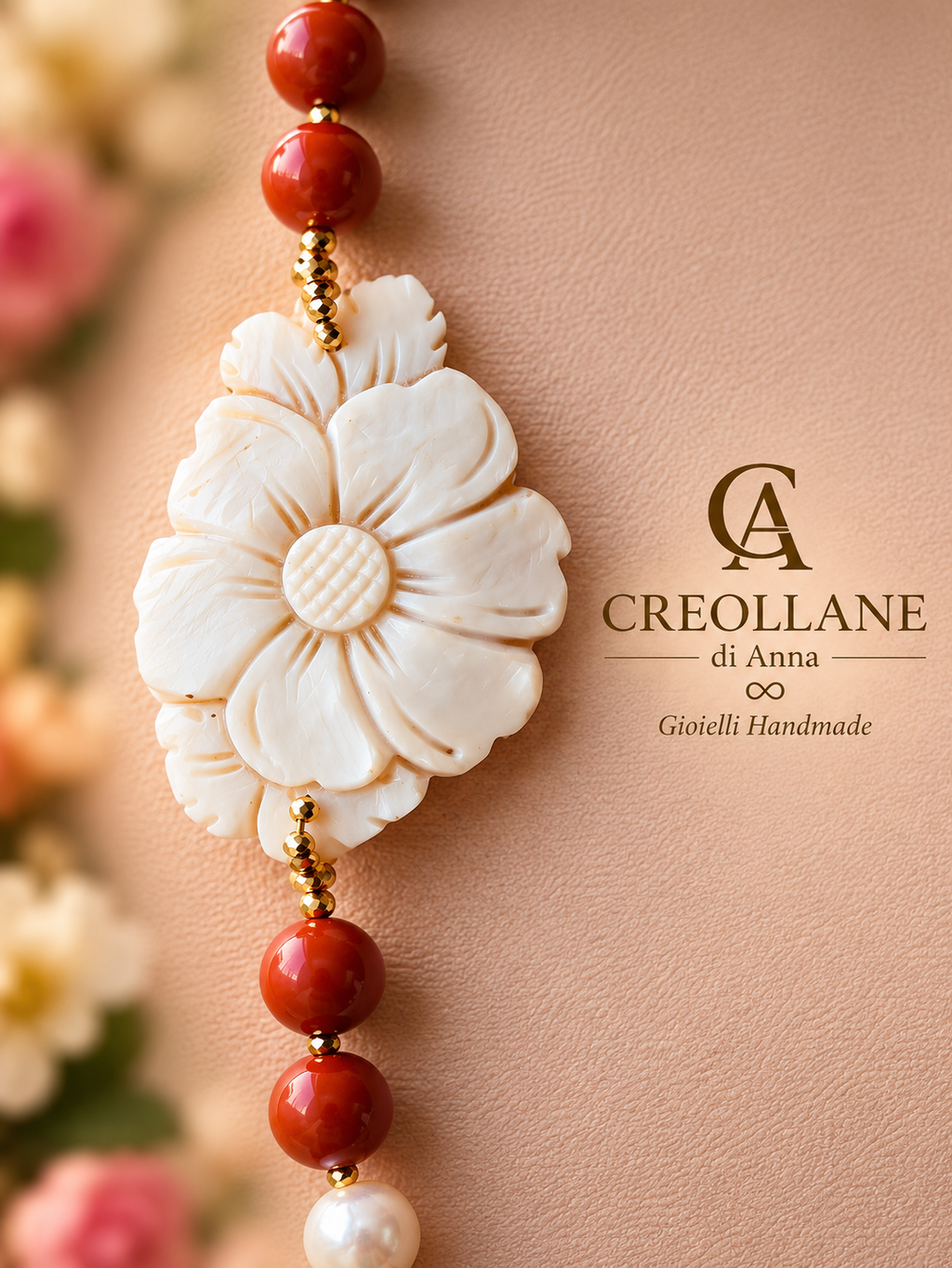 Collana Monofilo Pasta di Corallo Sardegna, Perle e Cameo Fiore | Made in Italy