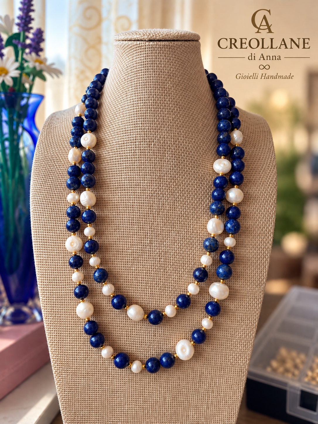 Collana Doppio Filo Lapislazzuli e Perle di Fiume | Made in Italy