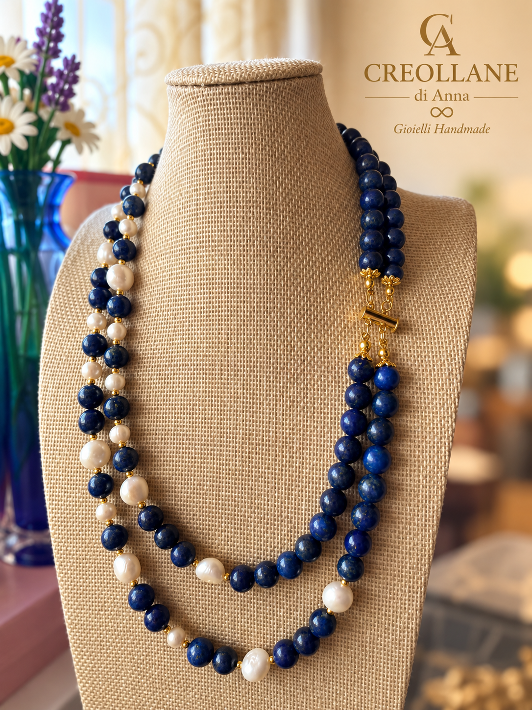 Collana Doppio Filo Lapislazzuli e Perle di Fiume | Made in Italy