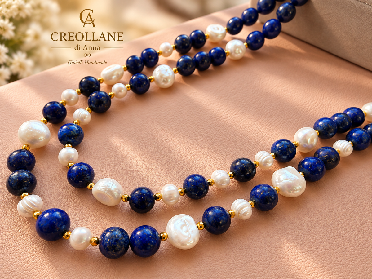 Collana Doppio Filo Lapislazzuli e Perle di Fiume | Made in Italy