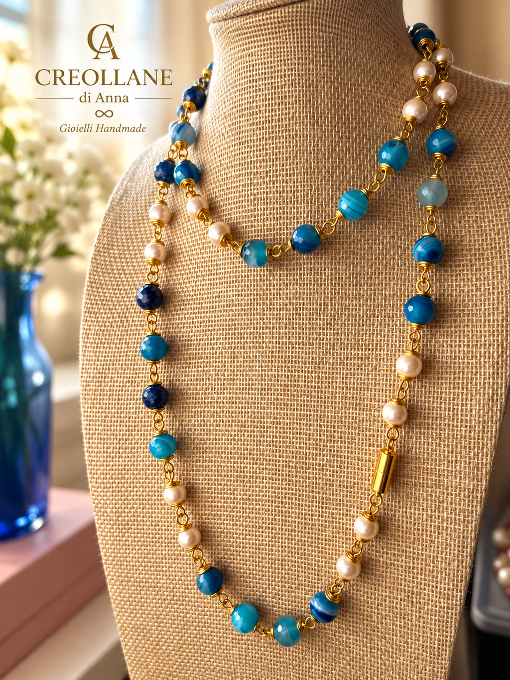 Set Collana Agata Striata Blu, Perle di Maiorca, Orecchini e Bracciale | Made in Italy