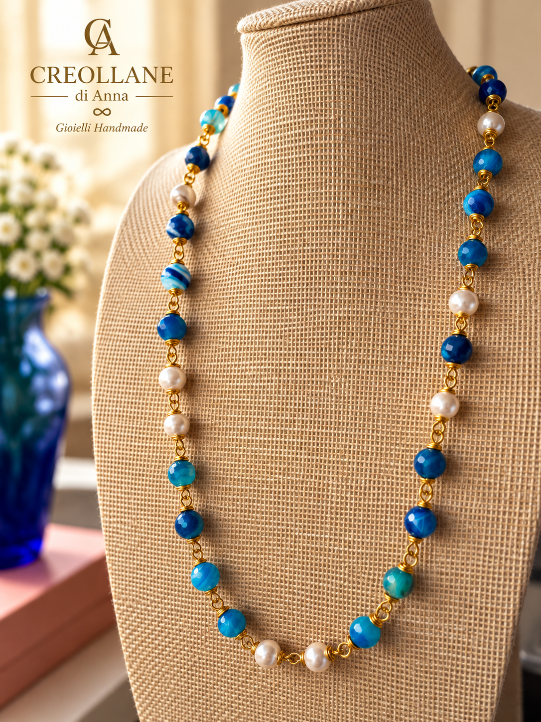 Set Collana Agata Striata Blu, Perle di Maiorca, Orecchini e Bracciale | Made in Italy
