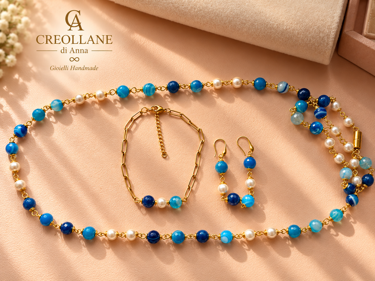 Set Collana Agata Striata Blu, Perle di Maiorca, Orecchini e Bracciale | Made in Italy