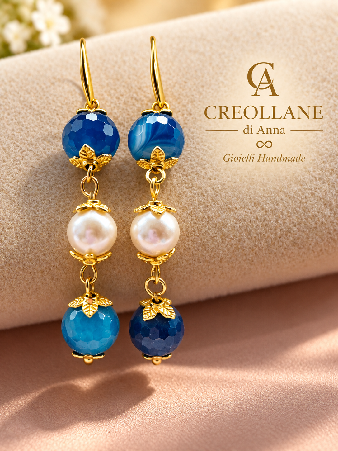 Set Collana Agata Striata Blu, Perle di Maiorca, Orecchini e Bracciale | Made in Italy