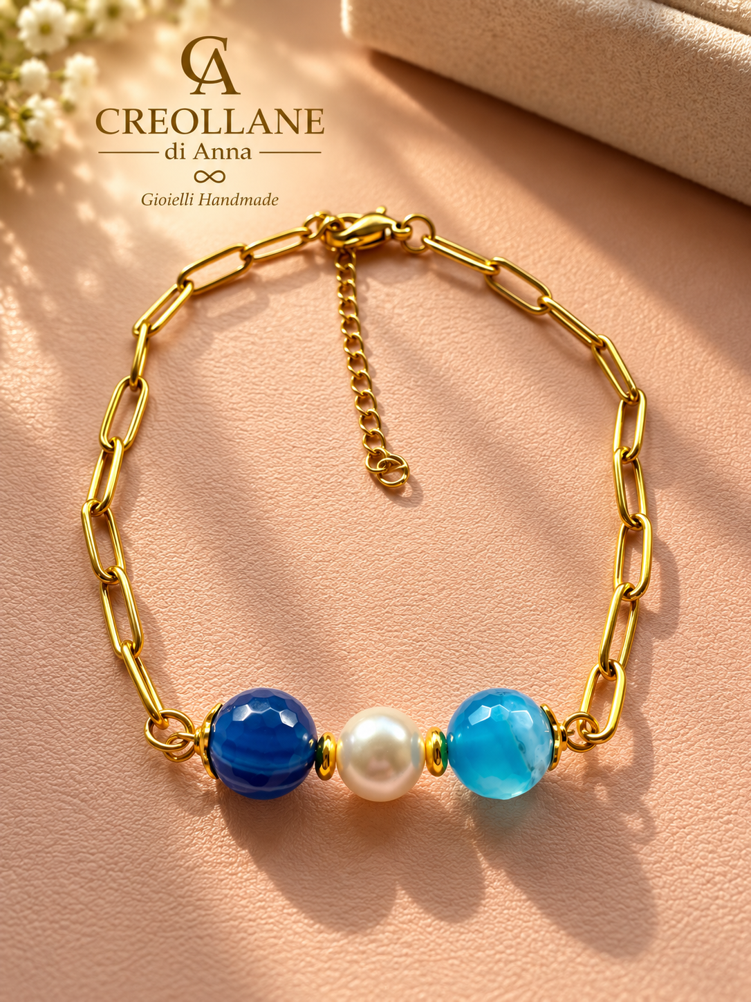 Set Collana Agata Striata Blu, Perle di Maiorca, Orecchini e Bracciale | Made in Italy