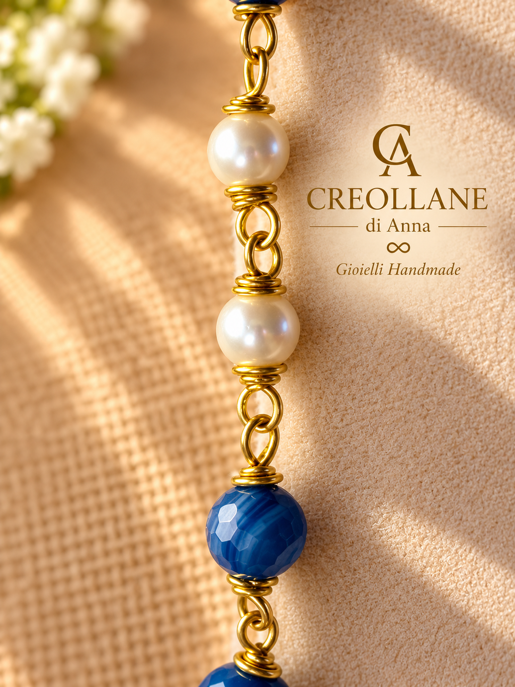 Set Collana Agata Striata Blu, Perle di Maiorca, Orecchini e Bracciale | Made in Italy