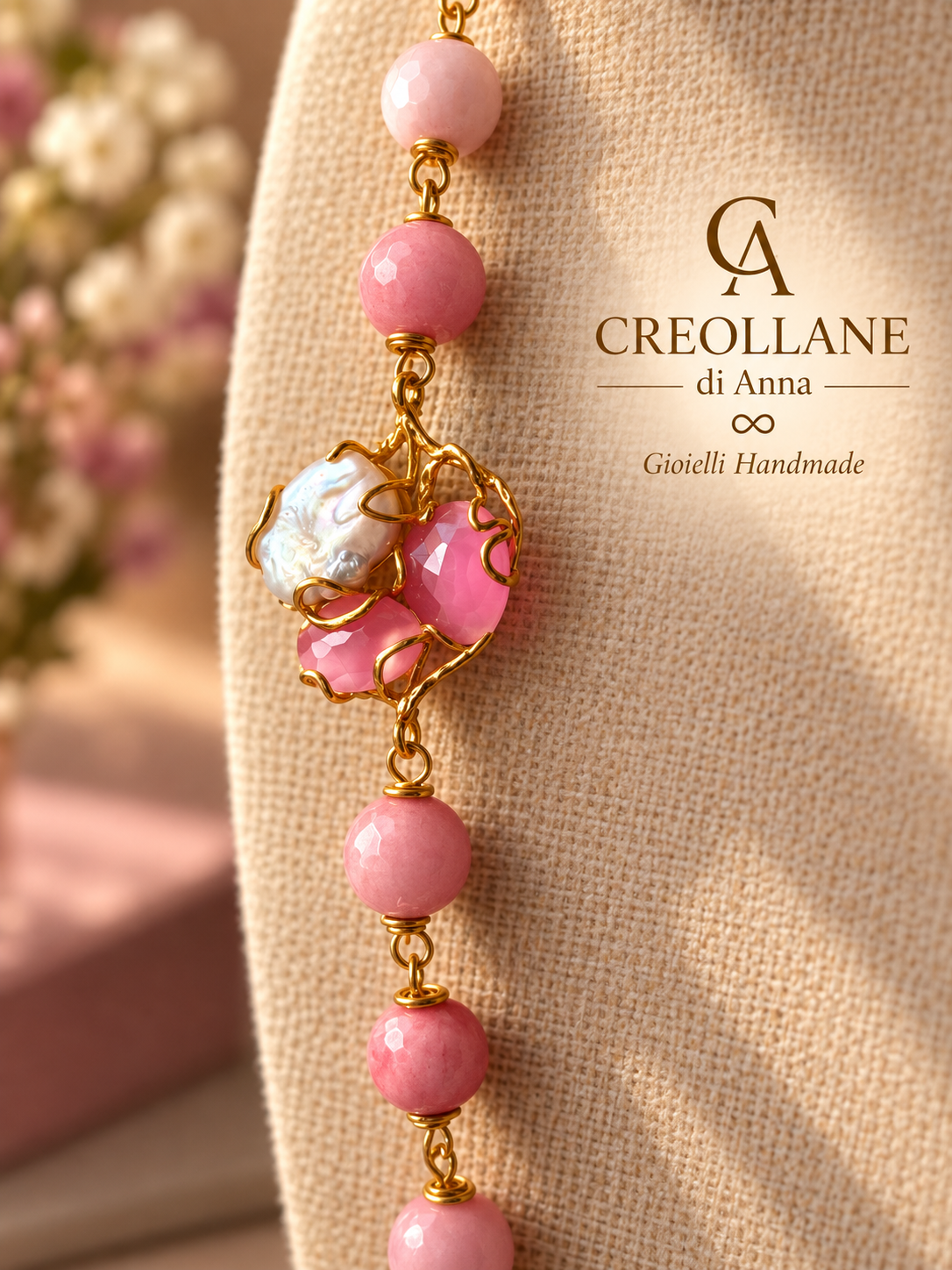 Set Collana Rodonite Rosa, Quarzo Rosa e Orecchini | Made in Italy