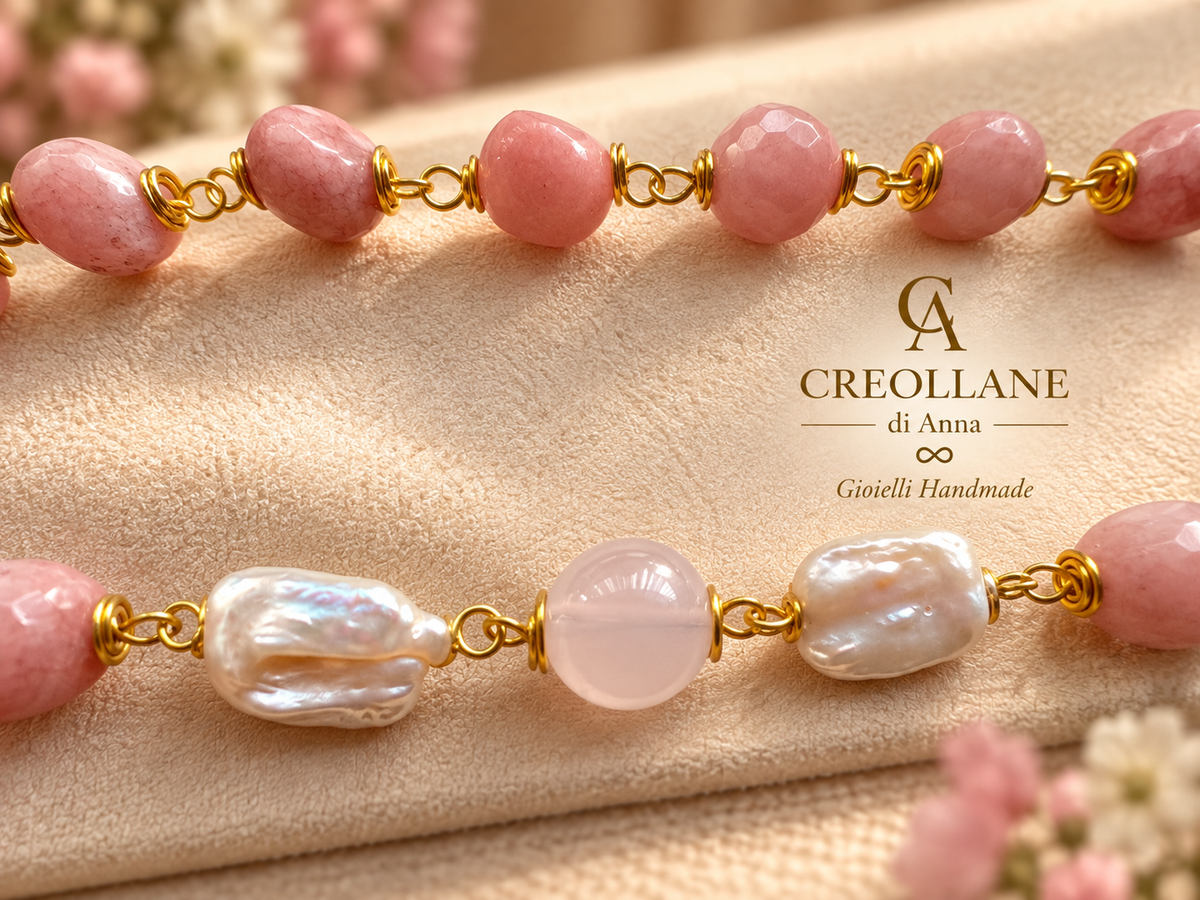 Set Collana Rodonite Rosa, Quarzo Rosa e Orecchini | Made in Italy