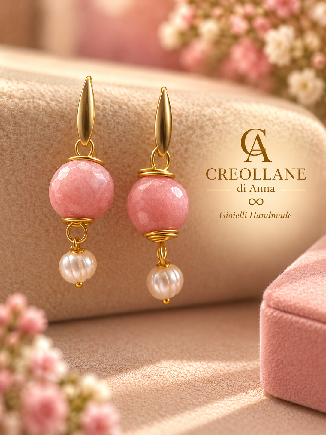 Set Collana Rodonite Rosa, Quarzo Rosa e Orecchini | Made in Italy