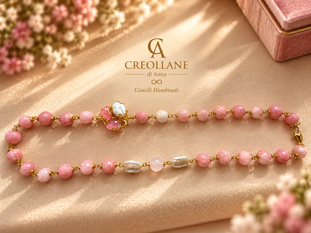 Set Collana Rodonite Rosa, Quarzo Rosa e Orecchini | Made in Italy