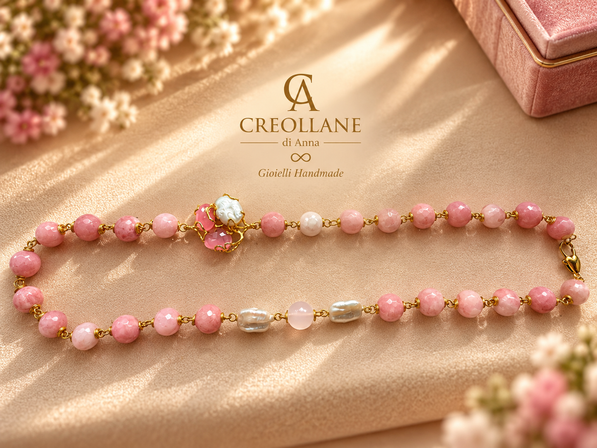 Set Collana Rodonite Rosa, Quarzo Rosa e Orecchini | Made in Italy