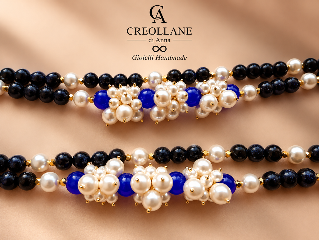 Collana Doppio Filo con Elementi Laterali | Bianca, Blu o Nera | Made in Italy
