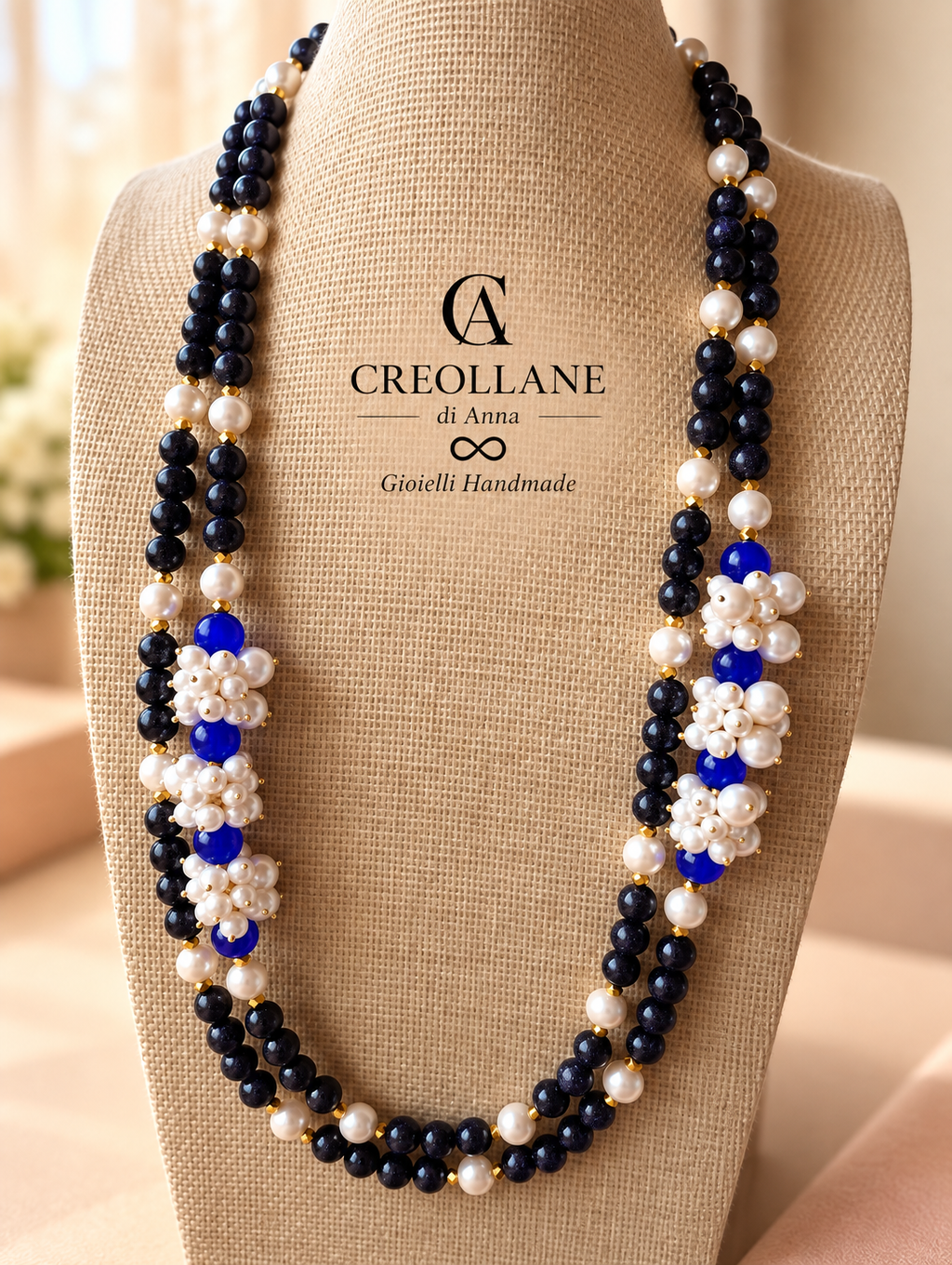 Collana Doppio Filo con Elementi Laterali | Bianca, Blu o Nera | Made in Italy