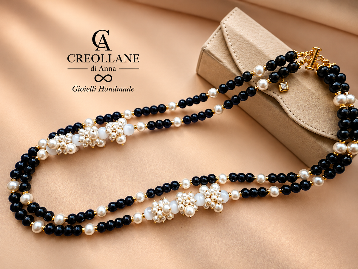 Collana Doppio Filo con Elementi Laterali | Bianca, Blu o Nera | Made in Italy