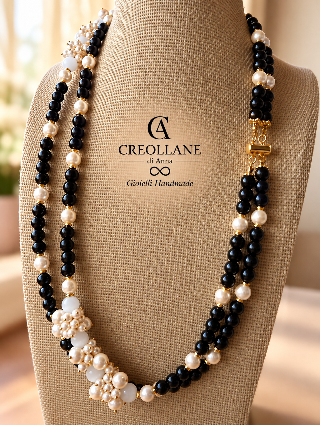 Collana Doppio Filo con Elementi Laterali | Bianca, Blu o Nera | Made in Italy