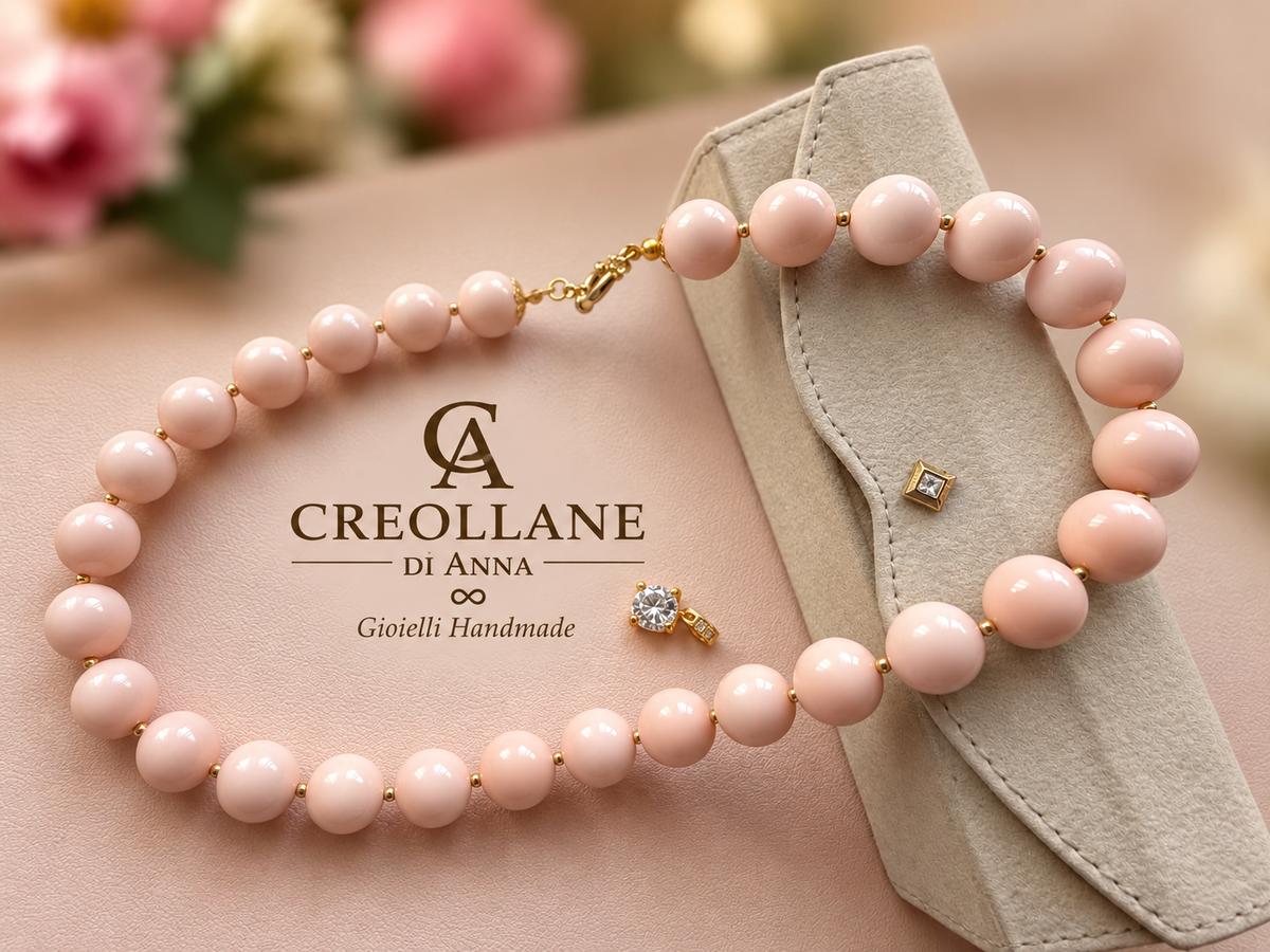Collana Girocollo Pasta di Corallo Rosa con Pendente Pavé | Made in Italy