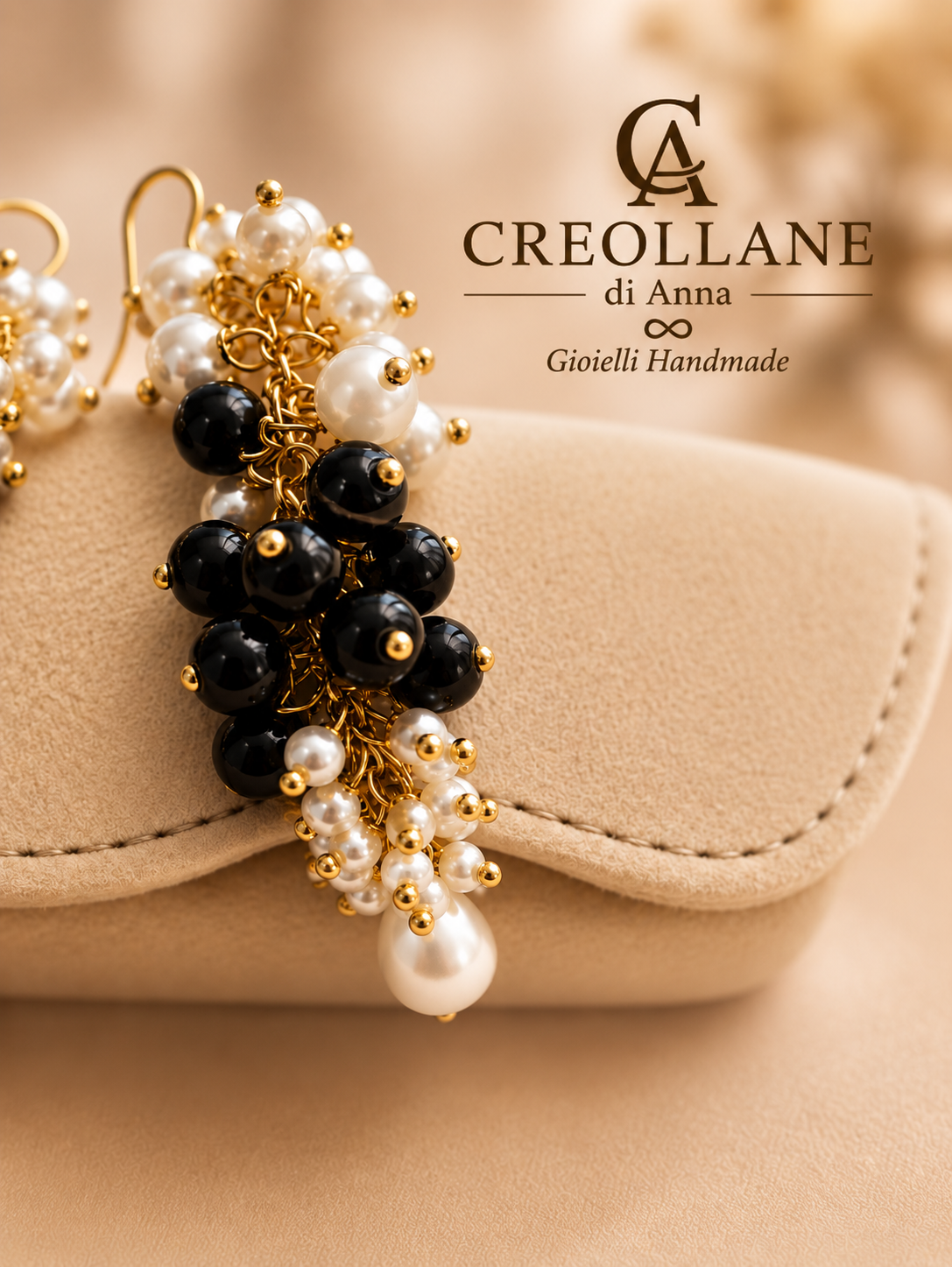 Orecchini pendenti a grappolo con onice nero e perle di Maiorca | Made in Italy
