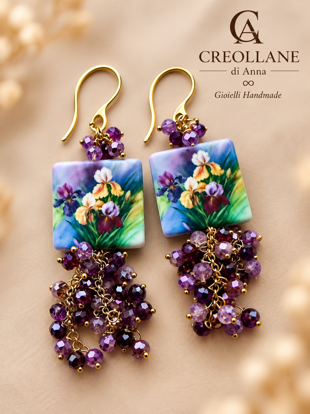 Orecchini con ceramica iris viola e cristalli fucsia | Made in Italy