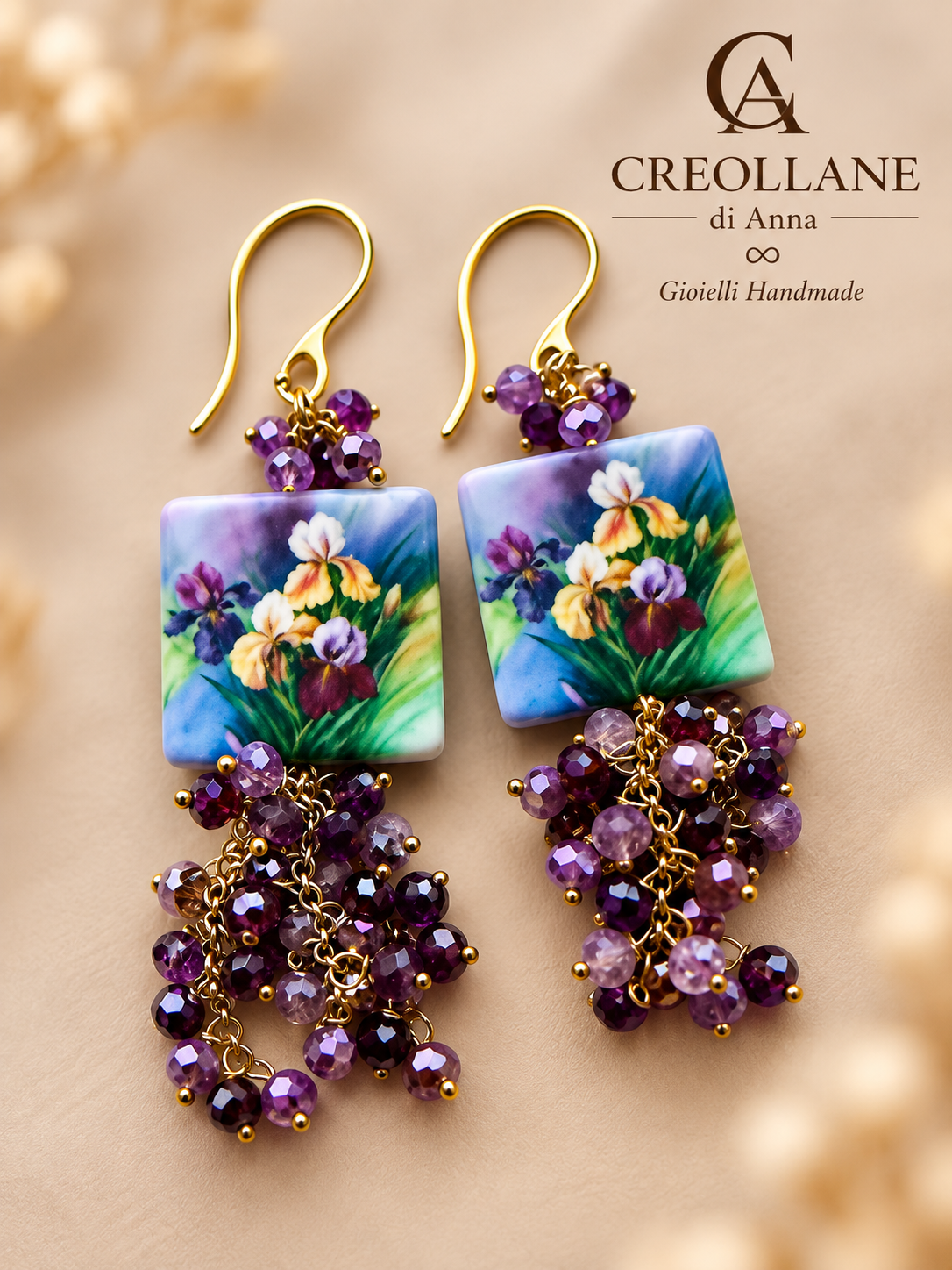 Orecchini con ceramica iris viola e cristalli fucsia | Made in Italy