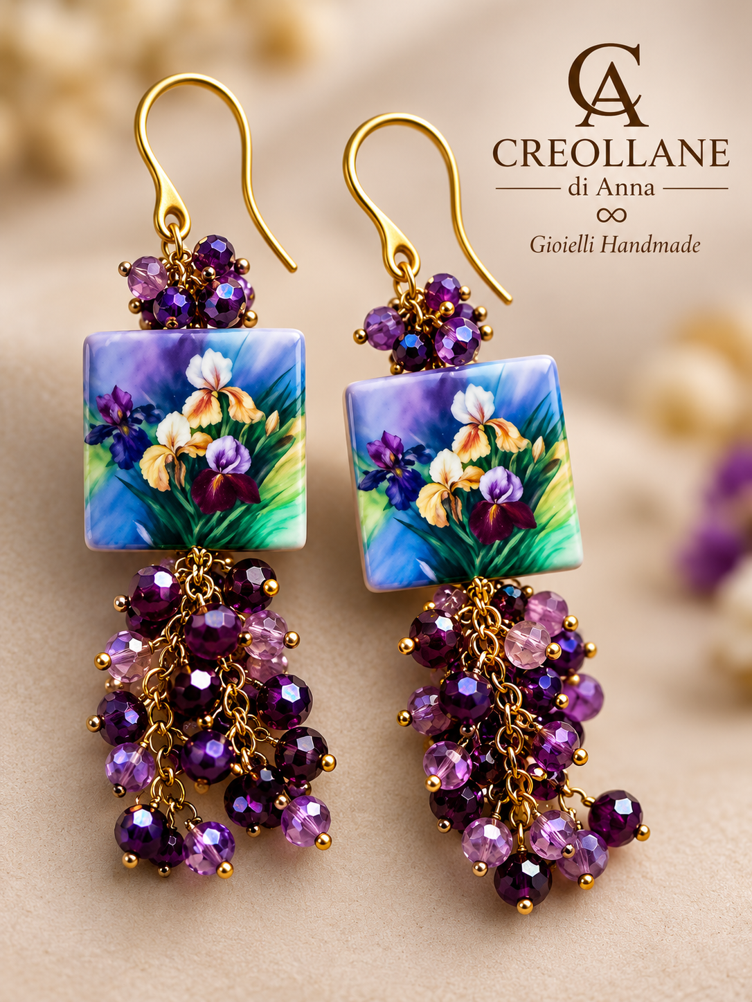 Orecchini con ceramica iris viola e cristalli fucsia | Made in Italy