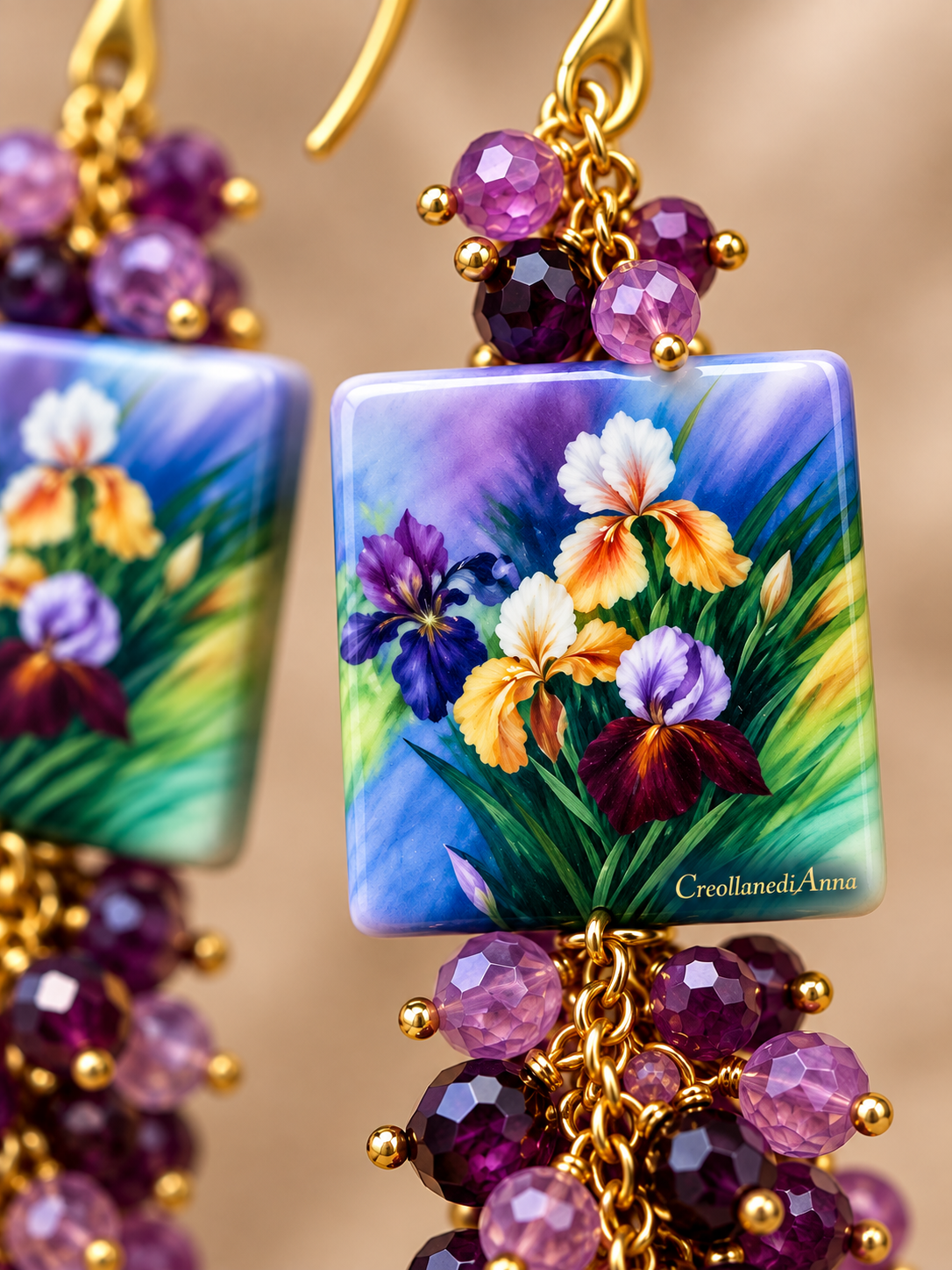 Orecchini con ceramica iris viola e cristalli fucsia | Made in Italy