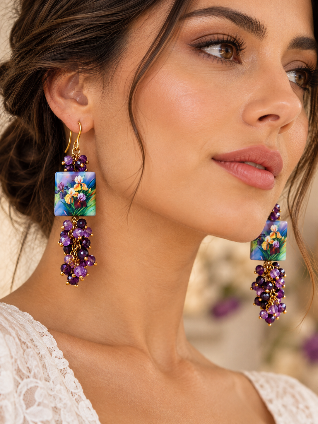 Orecchini con ceramica iris viola e cristalli fucsia | Made in Italy