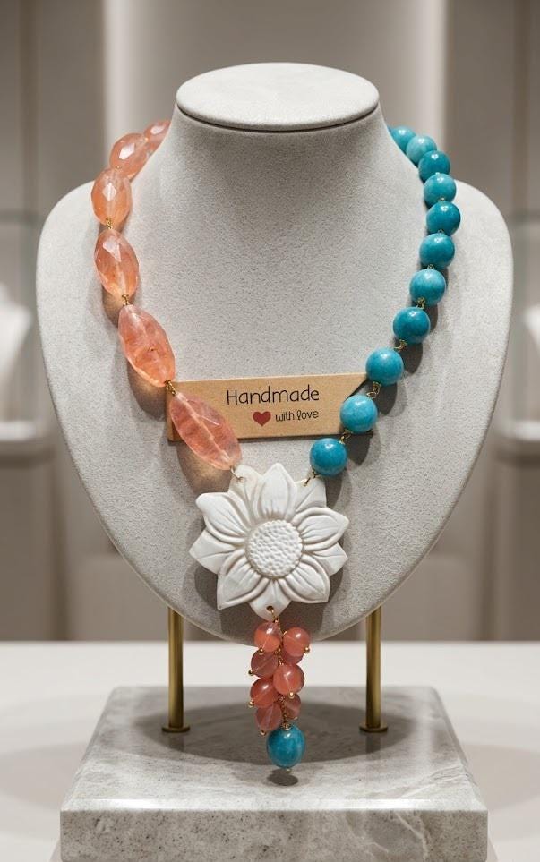 Collana lunga con pendente in  quarzo rosa, amazzonite e cameo in conchiglia.