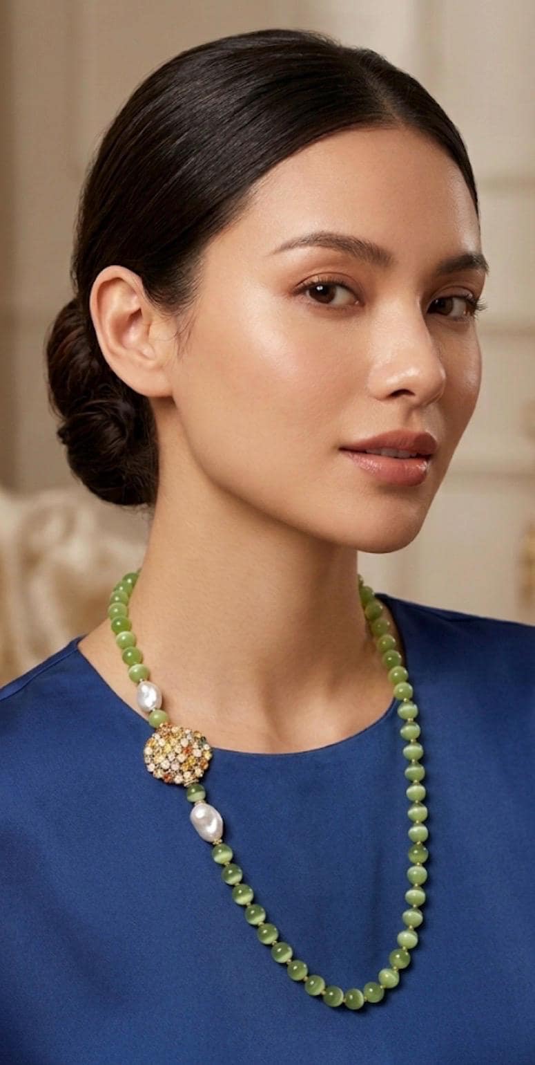 Collana lunga con occhi di gatto ed elemento multicolore.