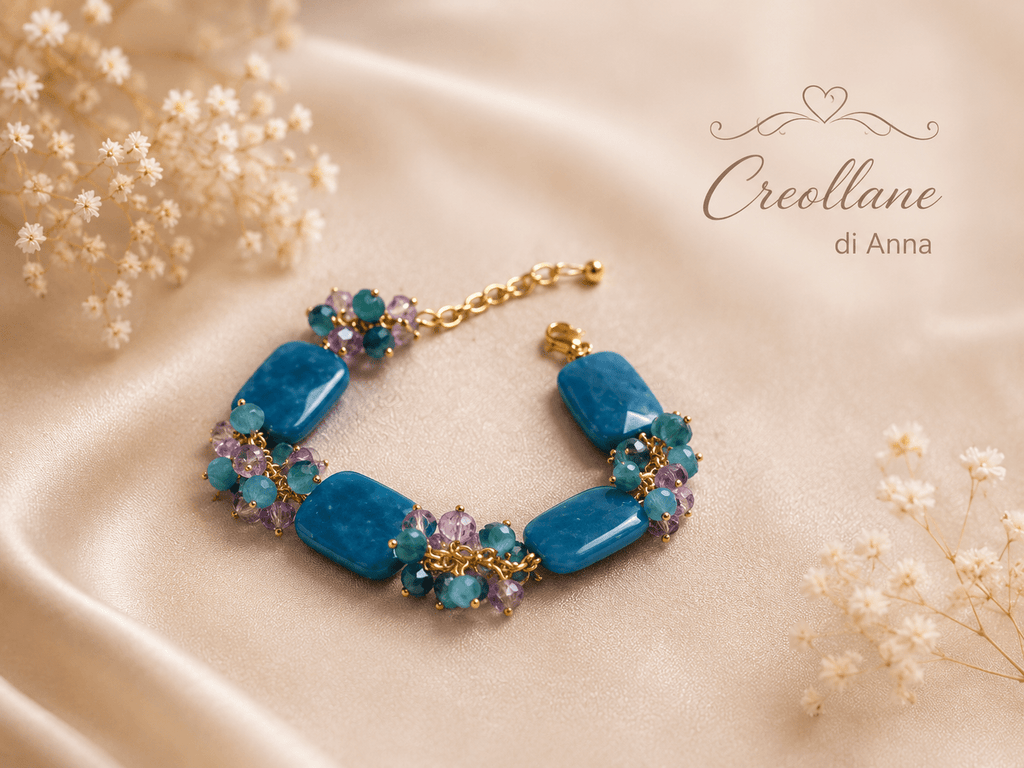 Bracciale Donna Artigianale | Calcedonio Blu Rettangolare e Cristalli Ottanio e Viola | Made in Italy