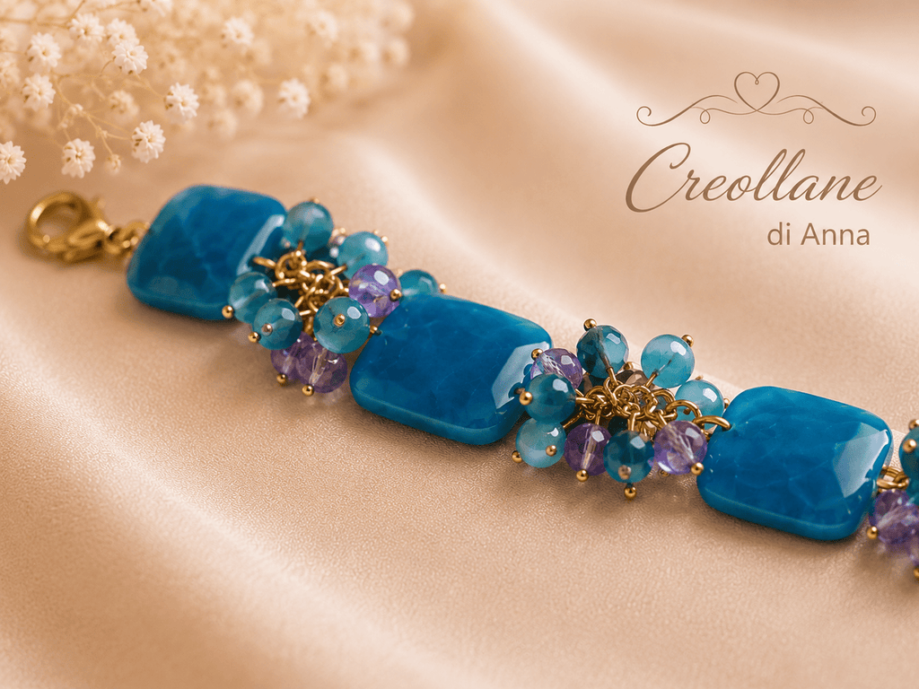 Bracciale Donna Artigianale | Calcedonio Blu Rettangolare e Cristalli Ottanio e Viola | Made in Italy