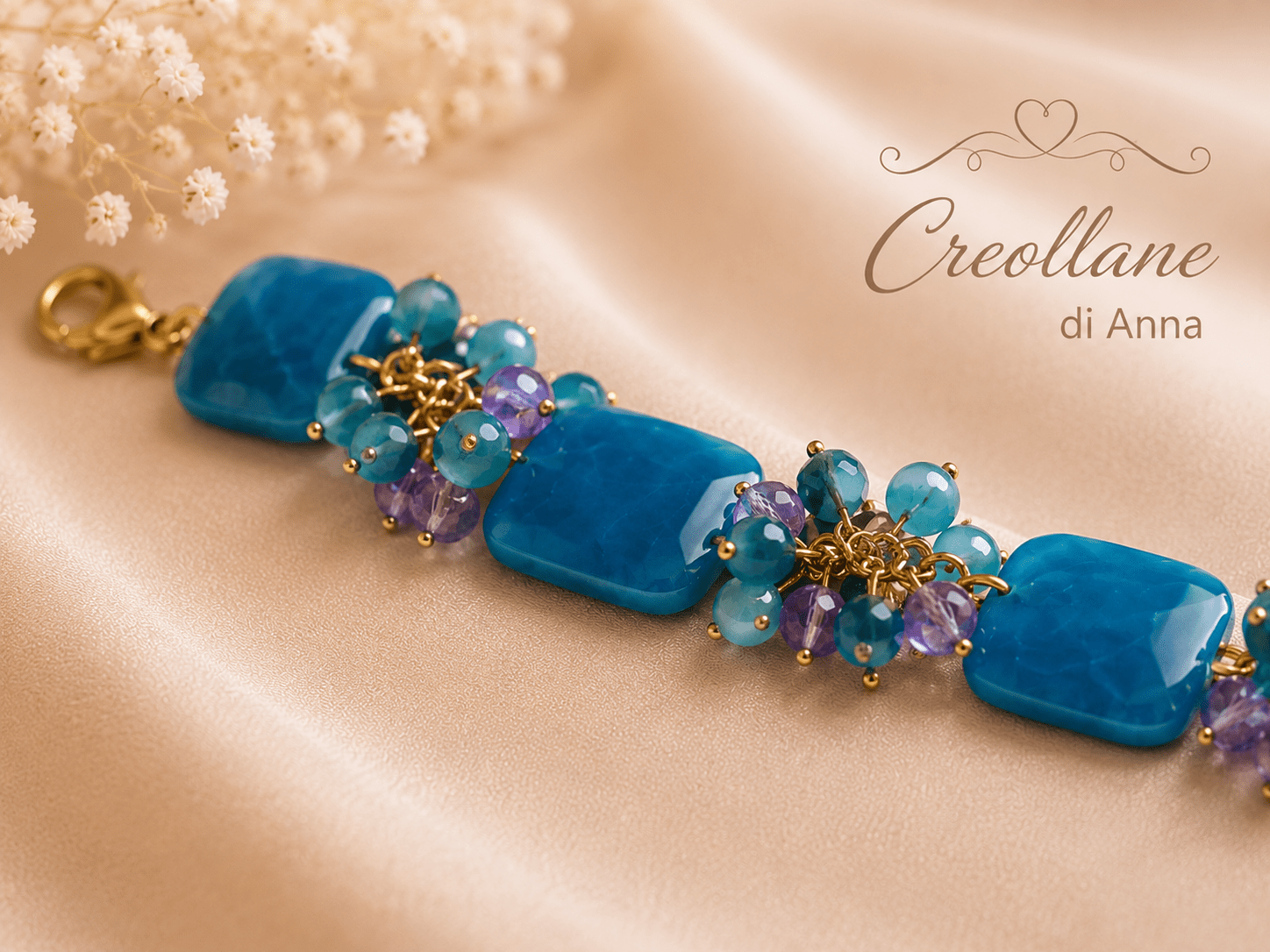 Bracciali Bracciale Donna Artigianale Handmade | Calcedonio Blu Rettangolare e Cristalli Ottanio e Viola | Made in Italy - Handmade Made in Italy