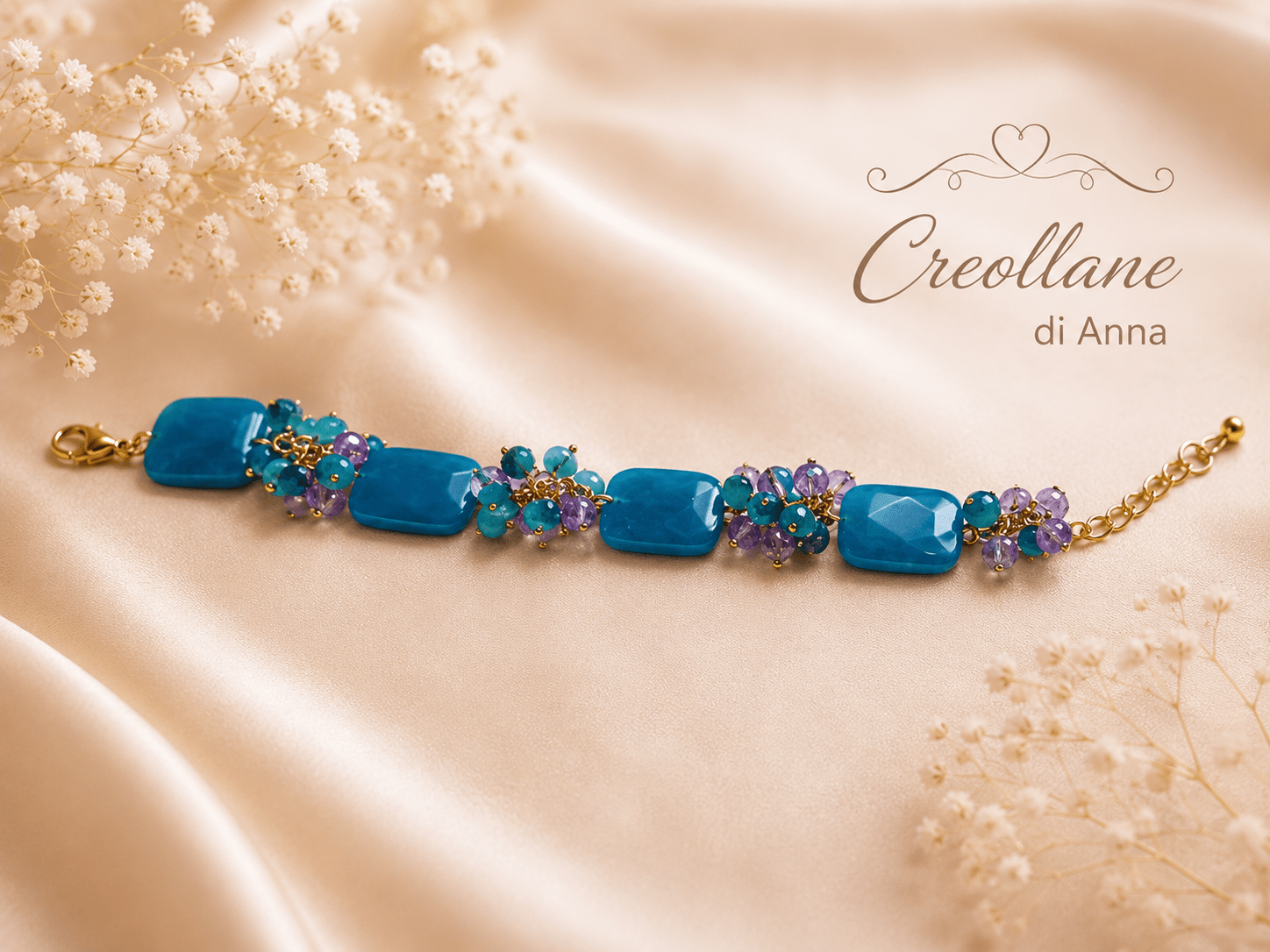 Bracciali Bracciale Donna Artigianale Handmade | Calcedonio Blu Rettangolare e Cristalli Ottanio e Viola | Made in Italy - Handmade Made in Italy