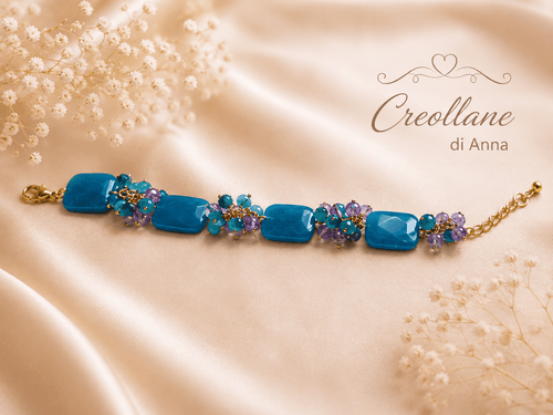 Bracciali Bracciale Donna Artigianale Handmade | Calcedonio Blu Rettangolare e Cristalli Ottanio e Viola | Made in Italy - Handmade Made in Italy